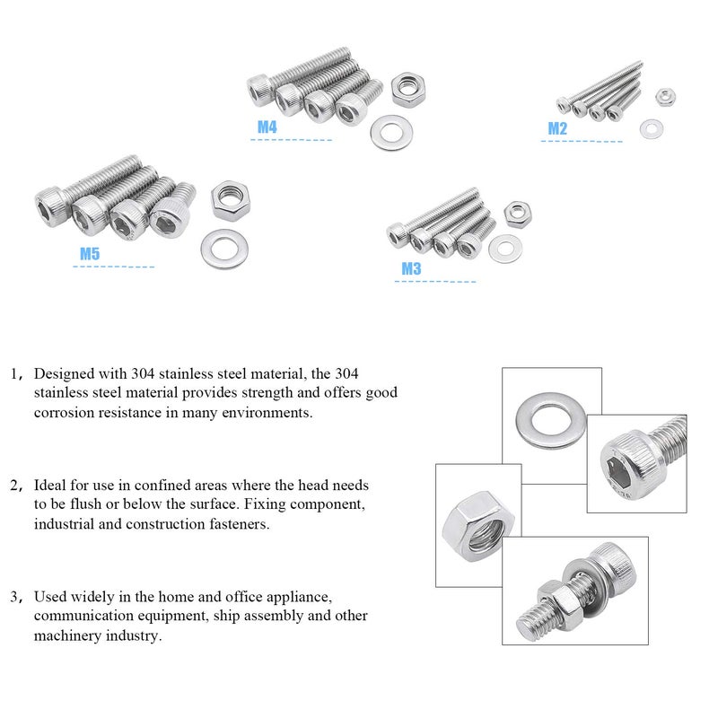 DYWISHKEY 1220 PCS M2 M3 M4 M5, 304 Stainless Steel Hex Socket Head Cap Bolts Screws Nuts Washers Assortment Kit with Hex Wrenches - Image 4